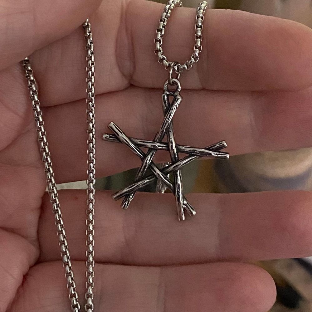 Stainless Steel Rustic Sticks Pentagram Pendant Necklace